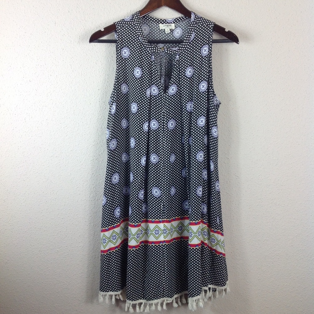Umgee Sleeveless Graphic Tassel Hem Dress